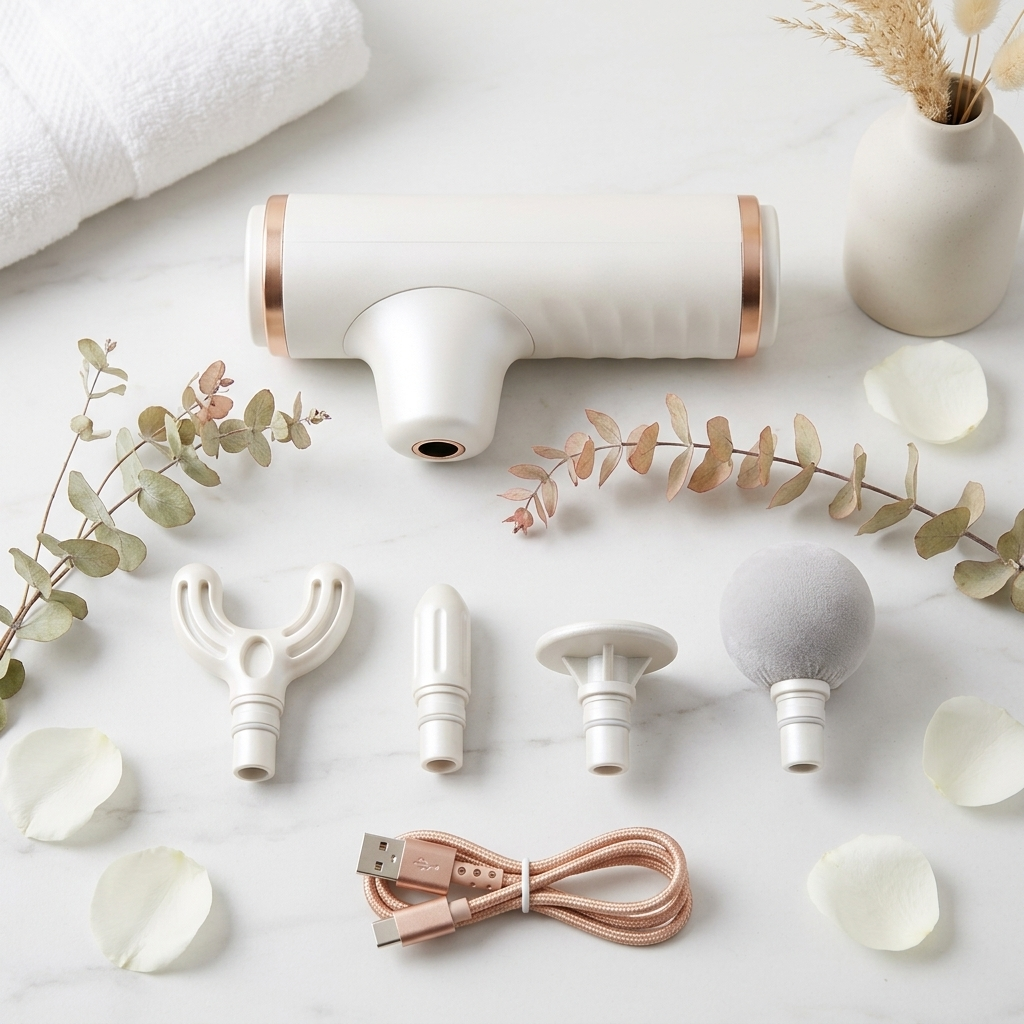 What's included: massage gun, four attachment heads, and rose-gold USB-C cable